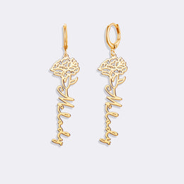 Birthflower Earrings with Custom Name , Custom Jewelry Gift Personalized Hoop Dangle Earrings