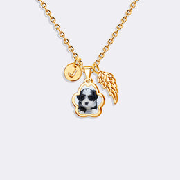Custom Dog Paw Pendant Photo Necklace with Angel Wing Charm,Memorial Pet Dog Cat Gift