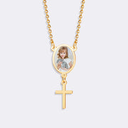 Custom Oval Pendant Photo Memorial Necklace with Cross Charm– Personalized Gift for Love