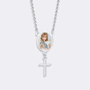 Custom Oval Pendant Photo Memorial Necklace with Cross Charm– Personalized Gift for Love