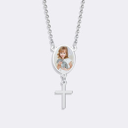 Custom Oval Pendant Photo Memorial Necklace with Cross Charm– Personalized Gift for Love