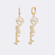 Birthflower Earrings with Custom Name , Custom Jewelry Gift Personalized Hoop Dangle Earrings