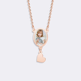Custom Oval Pendant Photo Memorial Necklace with Heart Charm– Personalized Gift for Love