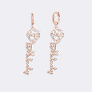 Birthflower Earrings with Custom Name , Custom Jewelry Gift Personalized Hoop Dangle Earrings