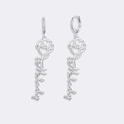 Birthflower Earrings with Custom Name , Custom Jewelry Gift Personalized Hoop Dangle Earrings