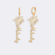 Birthflower Earrings with Custom Name , Custom Jewelry Gift Personalized Hoop Dangle Earrings