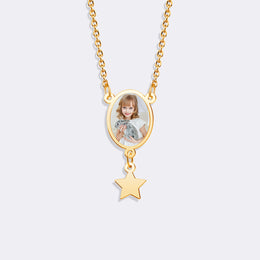 Custom Oval Pendant Photo Memorial Necklace with Star Charm– Personalized Gift for Love