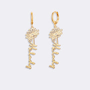Birthflower Earrings with Custom Name , Custom Jewelry Gift Personalized Hoop Dangle Earrings