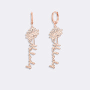 Birthflower Earrings with Custom Name , Custom Jewelry Gift Personalized Hoop Dangle Earrings