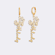 Birthflower Earrings with Custom Name , Custom Jewelry Gift Personalized Hoop Dangle Earrings