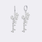 Birthflower Earrings with Custom Name , Custom Jewelry Gift Personalized Hoop Dangle Earrings