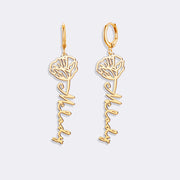 Birthflower Earrings with Custom Name , Custom Jewelry Gift Personalized Hoop Dangle Earrings