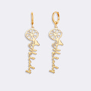 Birthflower Earrings with Custom Name , Custom Jewelry Gift Personalized Hoop Dangle Earrings