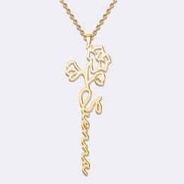 Custom Name Birth Flower Necklace, Aesthetic Birth Month Floral Necklace
