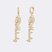 Birthflower Earrings with Custom Name , Custom Jewelry Gift Personalized Hoop Dangle Earrings