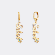Custom Name Drop Earrings with Crown&Birthstone Accent – Vertical Name Charm Earrings for Women