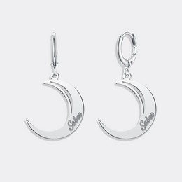 Silver Crescent Moon Dangle Earrings - Custom Engraving Gift Earrings