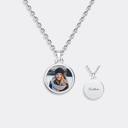 Custom Round Photo Necklace with Back Engraving, Keepsake Pendant