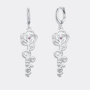 Rose Flower with Birthstone Hoop Earrings,Personalized Floral Name Earrings