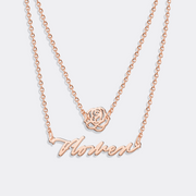 Personalized Double Layer Name Necklace with Rose Accent - Custom Jewelry
