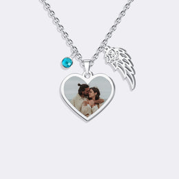 Custom Photo Necklace with Angel Wing&Birthstone Charm – Personalized Gift