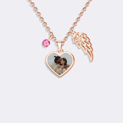 Custom Photo Necklace with Angel Wing&Birthstone Charm – Personalized Gift