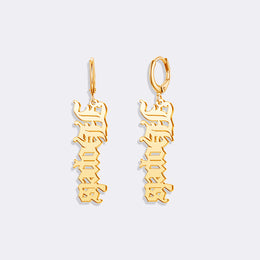 Gothic Old English Font Style Earrings, Custom Name Hoop Dangle Earrings