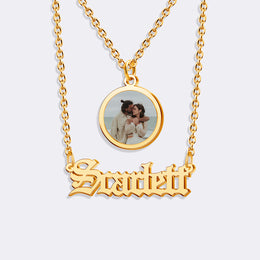 Personalized Gold Nameplate Necklace With Circle Photo Pendant