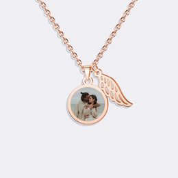 Custom Photo Necklace with Angel Wing Charm – Rose Gold Pendant